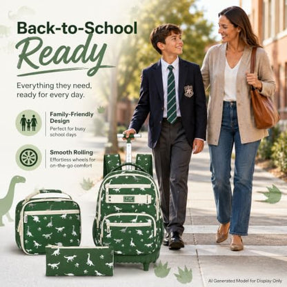 HPJGD 3PCS Dinosaur Roller Backpack for Boys, Kids Rolling Bookbag, Water Resistant Wheeled School Bag Set with Lunch Box - color: Green Dinosaur Rolling Set