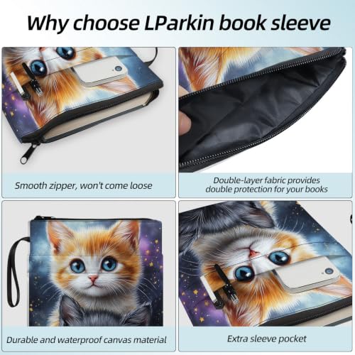 Padded Book Sleeve with Zipper & Front Pocket, Fabric Book Cover | Cute Twin Cats Kittens Cozy11.4"x8.7" Washable Canvas Pouch for Hardcovers, Tablets & Reading Accessories - color: Cute Twin Cats Kittens Cozy