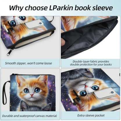 Padded Book Sleeve with Zipper & Front Pocket, Fabric Book Cover | Cute Twin Cats Kittens Cozy11.4"x8.7" Washable Canvas Pouch for Hardcovers, Tablets & Reading Accessories - color: Cute Twin Cats Kittens Cozy