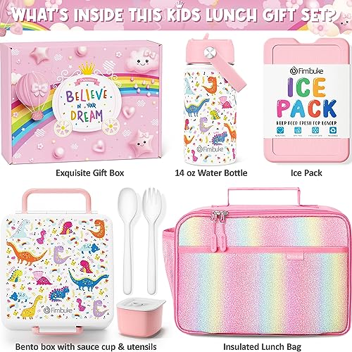 Fimibuke Kids Bento Lunch Box with 4 Compartments, Insulated lunch Bag, Stainless Steel Insulated Water Bottle, Ice Pack & Utensils Set, Birthday Gifts for Ages 3-12 Back to School Toddler Girls Boys - color: A5. White Dinosaur