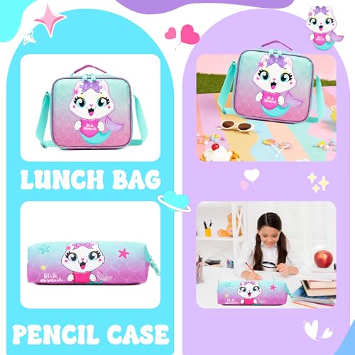 Cute Cat Rolling Backpack with Wheels for Elementary Preschool Students Kids Travel Luggage Carry on Backpack for Girls Ages 6-8 - color: 01 Mermaid Cat