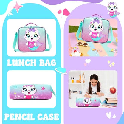 Cute Cat Rolling Backpack with Wheels for Elementary Preschool Students Kids Travel Luggage Carry on Backpack for Girls Ages 6-8 - color: 01 Mermaid Cat
