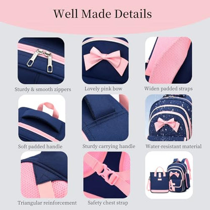 MITOWERMI Rolling Backpack for Girls 3Pcs Elementary School Bag Cute Bowknot Backpack with Wheels Girls Bookbags with Handbag Trolley Bags Kids Carry-On Luggage - color: Style c-3Pcs Dark Blue-2 Wheels, style: 2 Wheels Trolley + Backpack Sets
