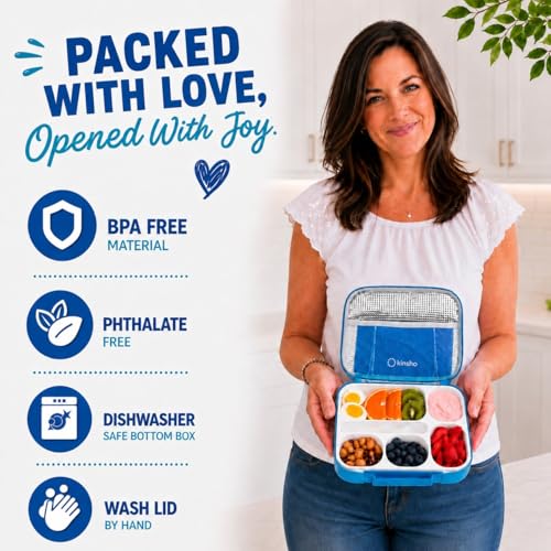 kinsho Lunch Boxes for Kids Boys Teens - Bento Box Set with Insulated Bag and Ice Pack, 6 Compartment Leak Proof Food Container, BPA-Free, Microwave Safe, Ideal for School & Work, Blue + Navy - color: Blue + Navy