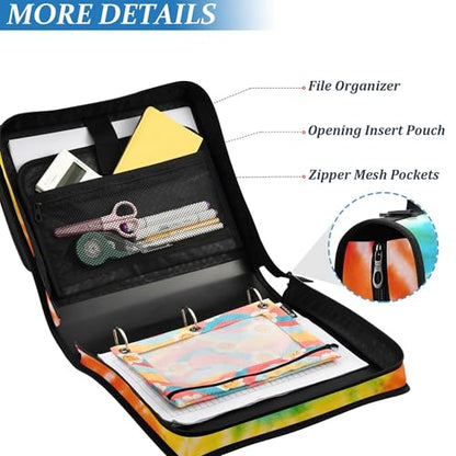Fisyme Tie Dye Rainbow Zipper Binder 3 Ring with Zipper and Shoulder Strap Large Capacity Multi-Pocket Binder Organizer - color: Multi-colorful
