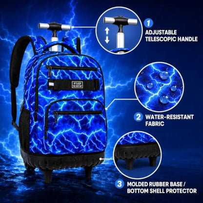 gxtvo Rolling Backpack for Boys, Men Roller Bookbag with Lunch Box for Adults, Water Resistant Wheeled School Bag for College Teens Kids Travel - Cool Lightning - color: Rolling Backpack Lightning Blue
