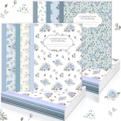 MotiMind 6 Pcs Blue Flower Composition Notebook College Ruled Bulk Back to School Wildflower Pretty Wide Ruled Composition Book 110 Page 7-1/2" x 9-3/4" Aesthetic Journal Gift for Teacher Class Office - style: Blue