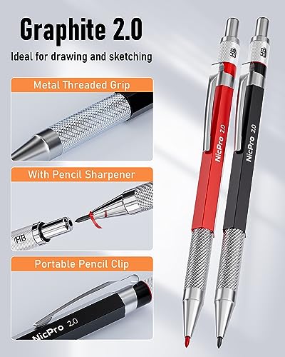 Nicpro 11 Pack Carpenter Pencil Set with Sharpener, Mechanical Carpenter Pencils with 40 Refill, Automatic Center Punch and Carbide Scribe Tool, Heavy Duty Construction Pencil for Architect-With Case - size: 15 Pack