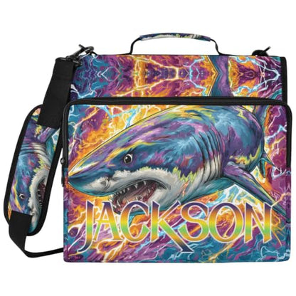 Custom Binder Bag Personalized Fire and Lightnbing Shark 3 Ring Zipper Binder Bag with Laptop Pockets and Shoulder Strap Tote Binders Organizer Case for School Office - color: Custom Shark