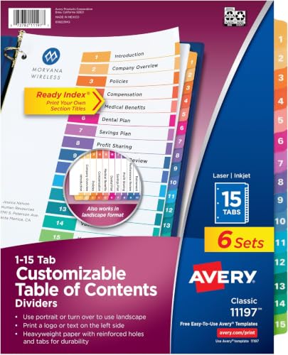 Avery 15 Tab Dividers for 3 Ring Binders,Customizable Table of Contents,Multicolor Tabs,6 Sets (11197),(Pack of 6) - size: 6 sets (Pack of 6)