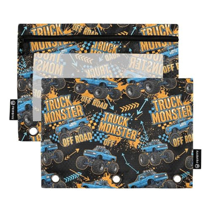 Emelivor Truck Cool Black Pencil Pouch for 3 Ring Binder 2 Pack Large Capacity Pencil Pouches with Zipper Clear Binder Pencil Case Bag for Office College Daily Supplies - color: 26-Truck Cool