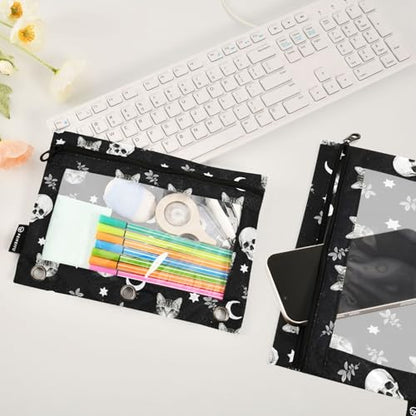 Skull Cat Moon Gothic Pencil Pouches for 3 Ring Binder, Zipper Binder Pencil Case, 2 Pack Clear Window Case Bag for Office Organizers - color: Skull Cat
