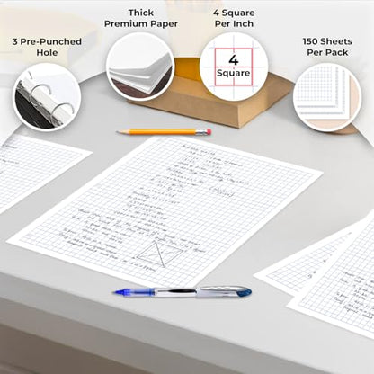 Rosmonde 24 Pack Graph Paper Bulk, 3600 Sheets, Bulk Loose Leaf Paper, 4x4 Grid Ruled, 8" x 10.5", Quad Ruled Bulk Filler Sheets, 54 GSM, 3 Hole Punched for Binders, Bulk Graphing Sheet, Bulk Supplies - size: 24 Pack (3600 Sheets)
