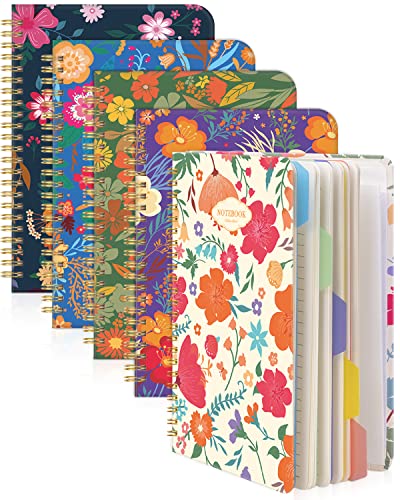 Dynta Spiral Notebooks 5 Subject 5-Pack College Ruled Hardcover with Removable Dividers 160 Pages/80 Sheets Each, A5(8.5 "x 5.7") Cute Blooming Floral, for Students Office Business Diary Book