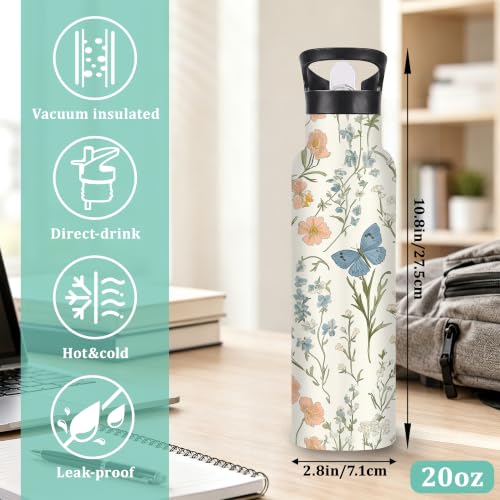 Wildflowers Butterfly 20 oz Insulated Water Bottles Plants Stainless Steel Thermal Bottle Leak Resistant with Straw Twist Cap and Handle for Sports Coffee Mug Cup - color: Wildflowers Butterfly,Plants