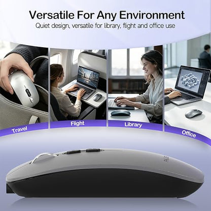 FMOUSE Slim Wireless Mouse, Tri-Mode 2.4G & Bluetooth, Rechargeable – Grey | USB-A & USB-C Receiver | Silent Click | One-Key Desktop | Works with Mac, iPad & Laptops | Long-Life Battery | Portable - color: Grey