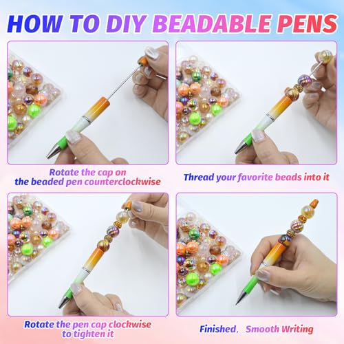 300 Pieces DIY Beadable Pens Kit - 100 plastic Beadable Pens Bulk, Refills & pen bags Included - Beaded Pens Black Ink Ballpoint Cute Pens（Gradient） - color: Gradient, size: 100