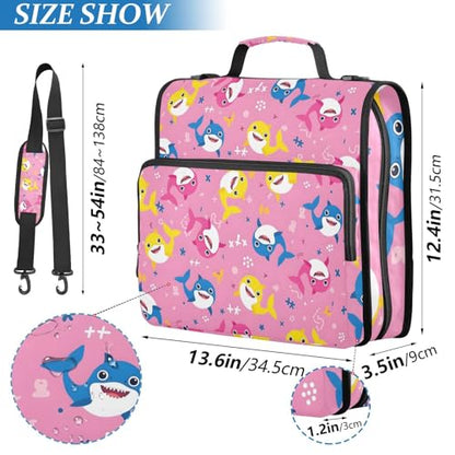 3 Ring Zipper Binder with Shoulder Strap Shark Cartoon Pink 2 Inch Zippered Binder Bag 500 Sheet Capacity Multi Pockets for School Supplies - color: Multi20