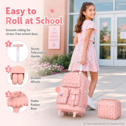 WZLVO 3PCS Rolling School Backpack, Water Resistance Girls Roller Bookbag, Women Aesthetic Wheeled Bag Set with Lunch Box & Pencil Bag for Teens & Kids - Pink Star - color: 3pcs Girls Rolling Backpack - Pink Star