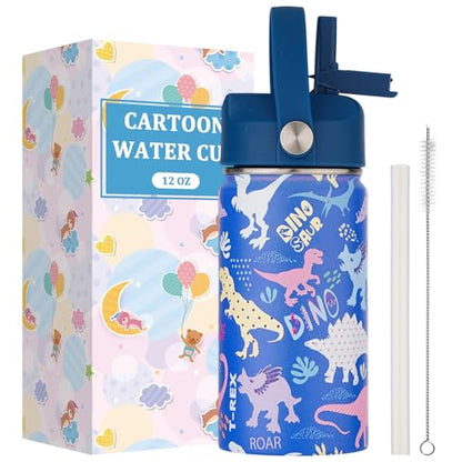 Kids Water Bottle with Straw Lid-12 oz Insulated Stainless Steel Thermal Cup, Leakproof Wide Mouth Sports Bottle Keeps Cold 12H & Hot 6H for Gym Office Outdoor - color: Dinosaur