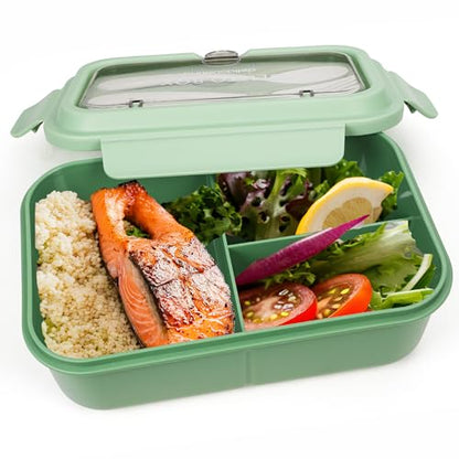 Fanhaw 40 Oz/5 Cup Bento Box for Kids, Men and Women, Lunch Box with 3 Compartments, Utensil, Microwave & Dishwasher Safe (Green) - color: Green