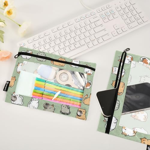Fustylead Cute Cartoon Cat on Green Background Pencil Pouch with Clear Window for 3 Ring Binders, Zipper Pencil Case Cosmetic Bags for School Office Class Students Supplies, 2PCS - color: Cartoon Cat