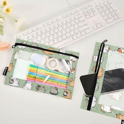 Fustylead Cute Cartoon Cat on Green Background Pencil Pouch with Clear Window for 3 Ring Binders, Zipper Pencil Case Cosmetic Bags for School Office Class Students Supplies, 2PCS - color: Cartoon Cat