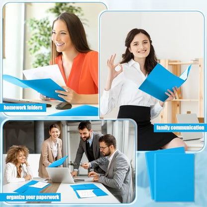 Gueevin 100 Pack Plastic Folder with Pockets, 2 Pocket Folders, Plastic Glossy Folders Fit Letter Size Paper, Heavy Duty Durable File Folder with Business Card for Home Office School (Lake Blue) - color: Lake Blue
