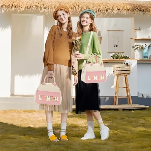 Lunch Bag for Girls and Women, Cute Preppy Lunch Bag with Chenille Letters, Insulated Large Capacity Lunch Tote with Detachable Strap for School, Work & Picnic, Light Pink - color: Light Pink
