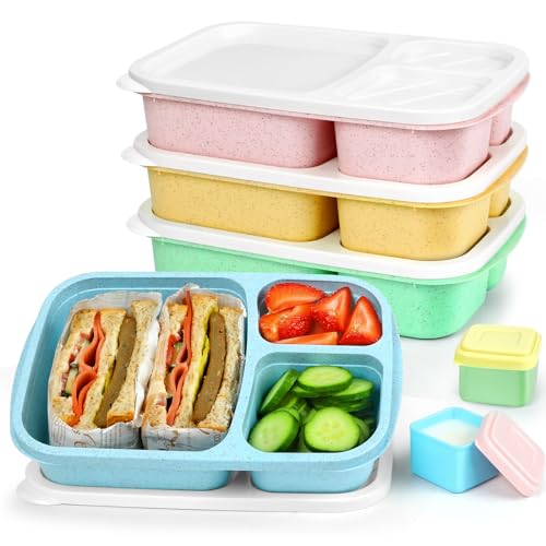 Caperci Bento Lunch Box Containers for Adults & Kids - 3-Compartment Reusable Meal Prep Containers with 2 Sauce Containers for School, Work, Travel, Wheat Straw, 4-Pack (Vintage Colors) - color: Vintage Colors