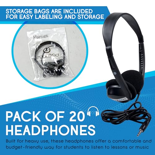 Egghead Over-Ear Kids' Stereo Headphones with 3.5 mm. Audio Jack and 4'3" Cord, Adjustable Stereo School Headphones for Kids, Pack of 20, Black - size: 20 Pack