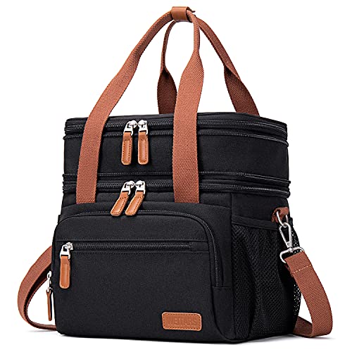 Weitars Lunch Bag For Women Men-Dual Compartment Large Lunch Box For Men Adult Lunch Box For Nurse Office Working Picnic Hiking (15L, Black/kahki) - color: Black(kahki)