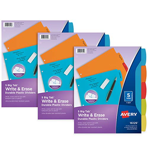 Avery® Big Tab™ Write & Erase Durable Plastic Dividers, 5-Tab Set, Multicolor Brights, 3 Sets (21212) - size: 5 tab, style: 3 Sets