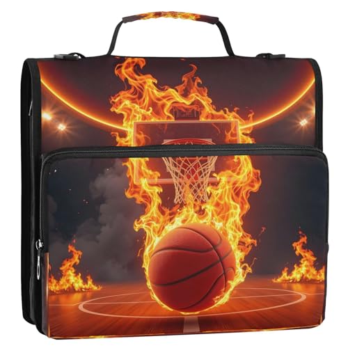 ALAZA Zipper Binder 3 Ring Basketball Fire Flame Binder Organizer with Zipper and Shoulder Strap Large Capacity Multi-Pocket Trapper Keeper File Folder for Office Supplies