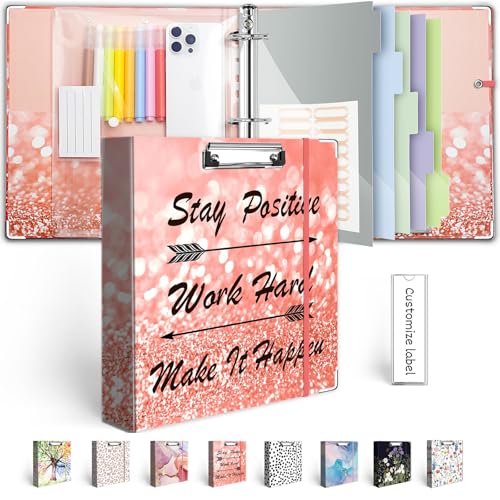 3 Ring Binder 2 Inch, Three Ring Binders Organizer with Clipboard, 5-Tabs Pockets Dividers, Plastic Folder, 18 Divider Stikers, BVSSX Pink Decorative Binder with Pen Loop (Stay Positive, Letter Size) - color: 06-stay Positive, size: 2in（Letter Size）