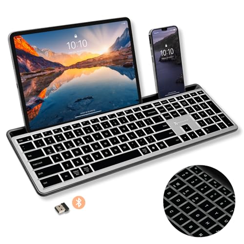 X9 Wireless Keyboard with Phone Holder - Full Size Bluetooth Keyboard with Number Pad, Backlit Wireless Keyboard, Multi-Device for iPad, Tablet, PC, Mac, iPhone, Android - Gray - color: Gray