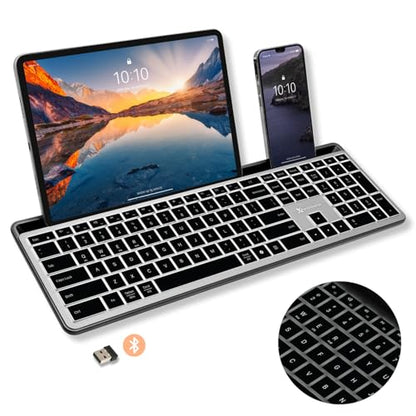 X9 Wireless Keyboard with Phone Holder - Full Size Bluetooth Keyboard with Number Pad, Backlit Wireless Keyboard, Multi-Device for iPad, Tablet, PC, Mac, iPhone, Android - Gray - color: Gray