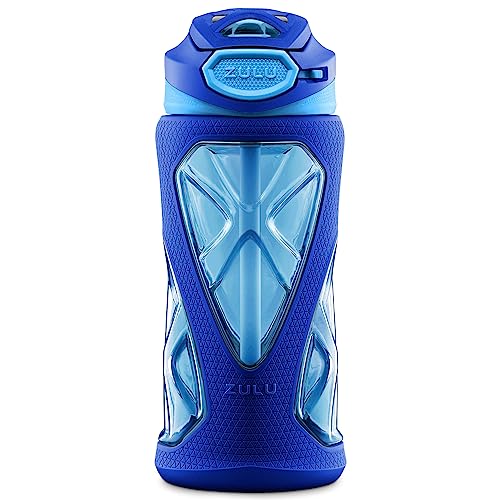 ZULU Torque 16oz Plastic Kids Water Bottle with Silicone Sleeve and Leak-Proof Locking Flip Lid, Soft Touch Carry Loop for School Backpack, Lunchbox, BPA-Free Dishwasher Safe - color: Mojo Blue, style: Single