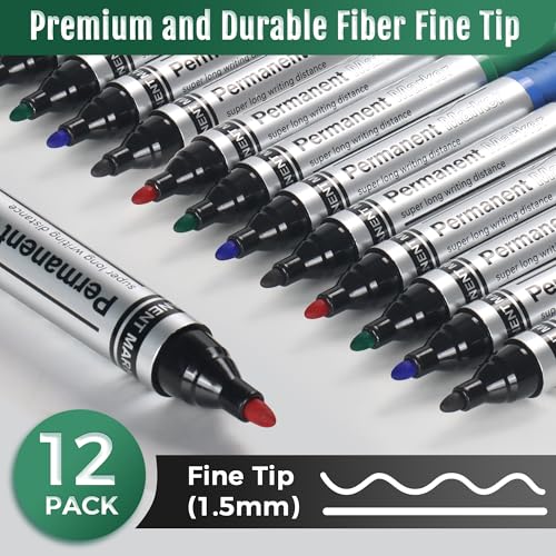 SELEAD Large Permanent Markers Black Red Blue Green - 12 Pack Fine Tip Waterproof Quick Drying Pens Set for Home Office Industrial Warehouse School Supplies