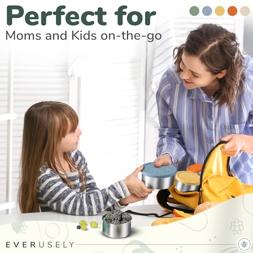 Stainless Steel Food Containers, Metal Lunch Boxes, Set of 5, Muted | Everusely lunch containers feature colorful lids and offer durable utility for snacks, meal prep, and food storage. - color: Muted