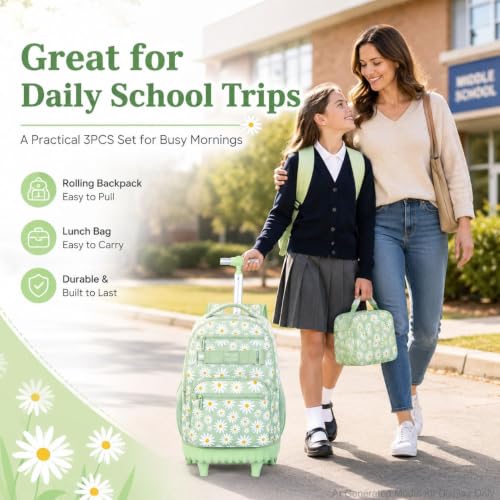 gxtvo Wheeled Backpack for Girls, Women Rolling Bookbag with Lunch Box for Adults, Water Resistant Roller School Bag for College Teens Kids Travel - Flower Cyan - color: Rolling Backpack Chrysanthemum Green