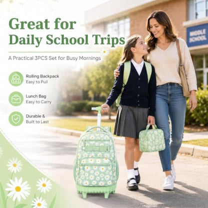 gxtvo Wheeled Backpack for Girls, Women Rolling Bookbag with Lunch Box for Adults, Water Resistant Roller School Bag for College Teens Kids Travel - Flower Cyan - color: Rolling Backpack Chrysanthemum Green