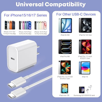 아이폰 17/16/15 충전기용 고속 충전기, 3m(10피트) 엑스트라 롱 고속 충전 3팩 블록 USB-C to USB C 고속 충전 케이블 코드 아이폰 에어/17 프로 맥스/아이폰 16 프로/16 플러스/15 프로 맥스, 아이패드 프로/에어/미니용 - color: 화이트., size: 20W