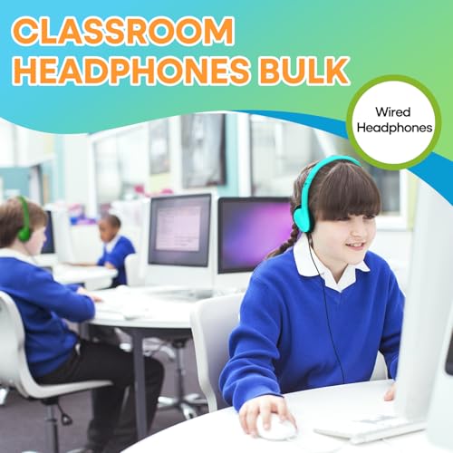 Kids Headphones Bulk 5 Pack for School Classroom Students, Wired On-Ear Headset Class Set for K-12 Teachers Children Teens, 3.5mm Jack for Chromebook Laptop Computer PC (HY857, 5 Mixed)