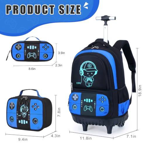 Bevalsa Rolling Backpack for Boys,Cool Luminous Gamer Roller School Backpacks with Lunch Box & Pencil Case,Kids Wheeled Schoolbag Bookbag with Wheels for Kindergarten Elementary School Travel - color: Blue