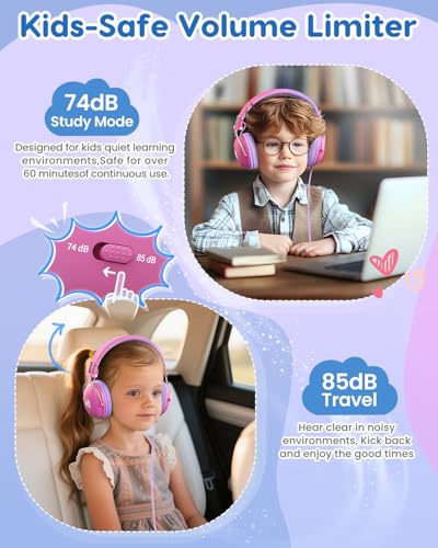 awatrue Kids Headphones, 74/85dB Safe Volume Limit, Stereo Sound, Wired On-Ear Headphones for Kids Boys Girls, 3.5mm Jack for Tablet, iPad, Kindle, YOTO Player, Airplane Travel, Pink - color: Pink-Purple