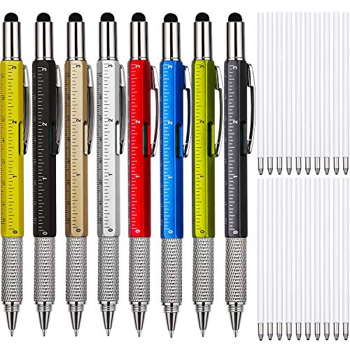 Zhanmai 8 Pcs 6 in 1 Multitool Pen Bulk Gift for Men Multi Tool Ballpoint Pen with Ruler Level Screwdriver Stylus Cool 20 Ink Refill Tool Gadget Birthday Christmas Stocking Stuffers (Multiple Colors) - color: Gold, Black, Silver, Yellow, Red, Green, Blue,