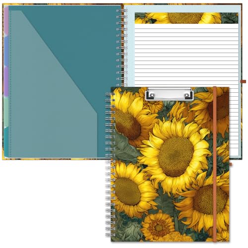 Hongri Clipboard Folio with Refillable Lined Notepad, 8.5 x 11 Folders with Storage 10 Pockets, Spiral Portfolio, Size 12.8X 9.7 in, Office & School Supplies, Sunflower - color: Sunflower