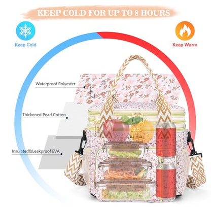 LOKASS Lunch Box for Women-16L-Insulated Lunch Bag Women, Expandable Double-layer Leakproof Cooler Bag with Upgrade Adjustable Shoulder Strap Ideal for Work/Travel/Picnics（White Flower） - color: White Flower