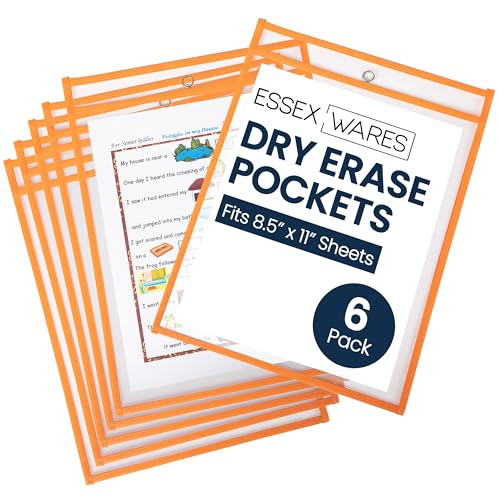 Essex Wares - 6 Pack, Orange, Dry Erase Pocket Document Protectors, 10" Wide x 13.5" Tall - Dry Erase Clear Plastic Sleeves - Reusable & Easy Erase Plastic Invoice Holders, Water-Resistant & Durable - color: Orange